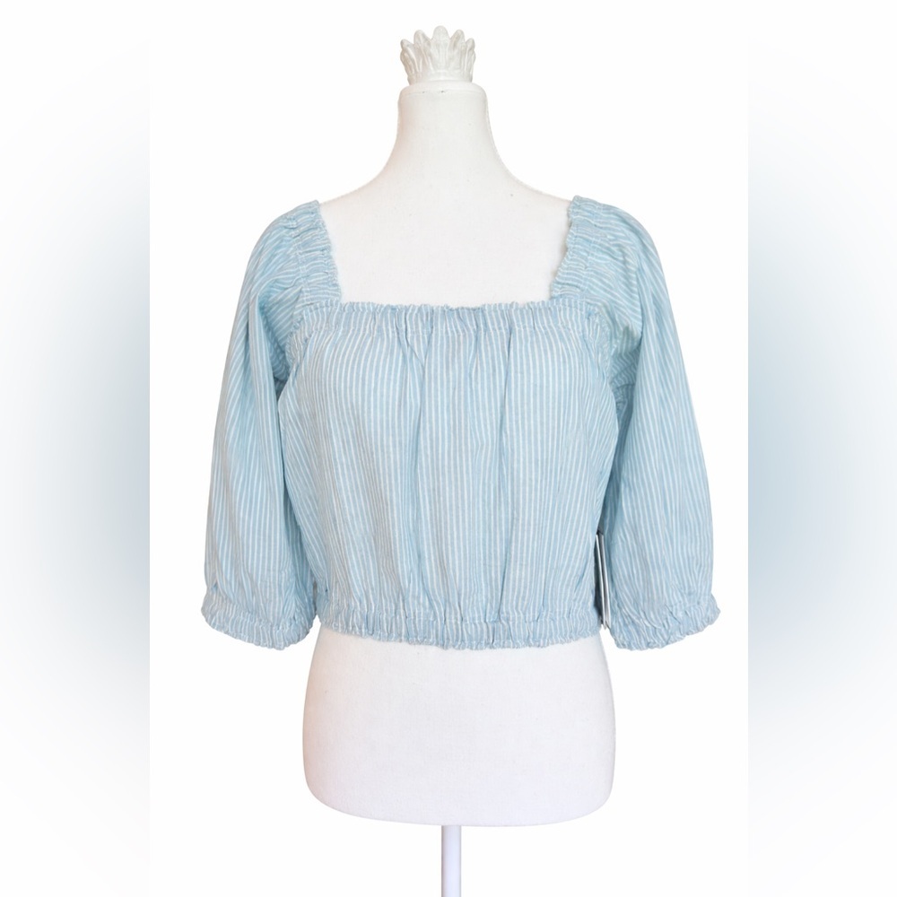Apiece Apart 100% Organic Cotton Blue Stripe Smocked Crop Top Sustainable NWT